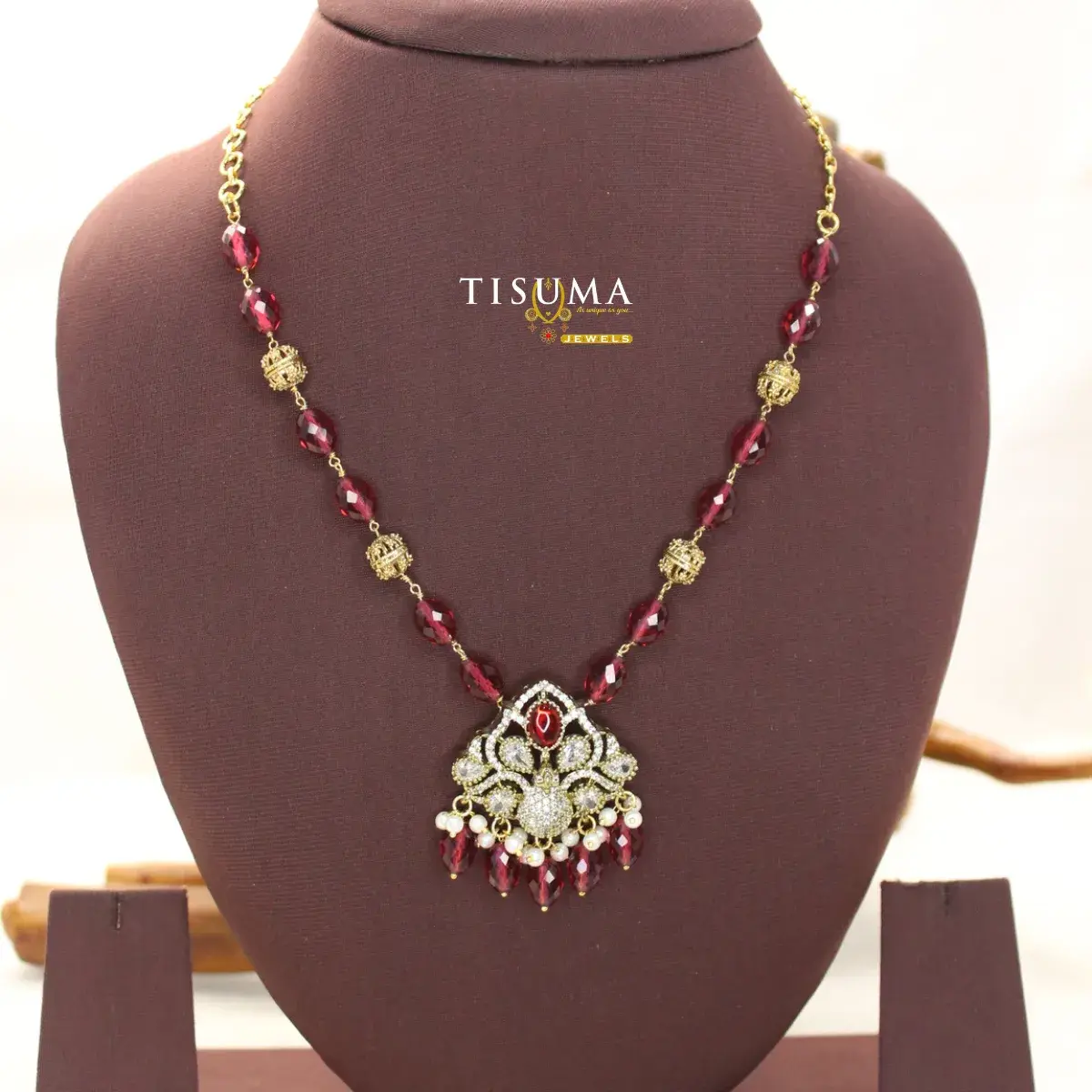 Faceted Ruby Pink Semiprecious Beads Necklace Featuring Gold Filigree Accents and Ornate Victorian CZ Dollar Pendant for Women